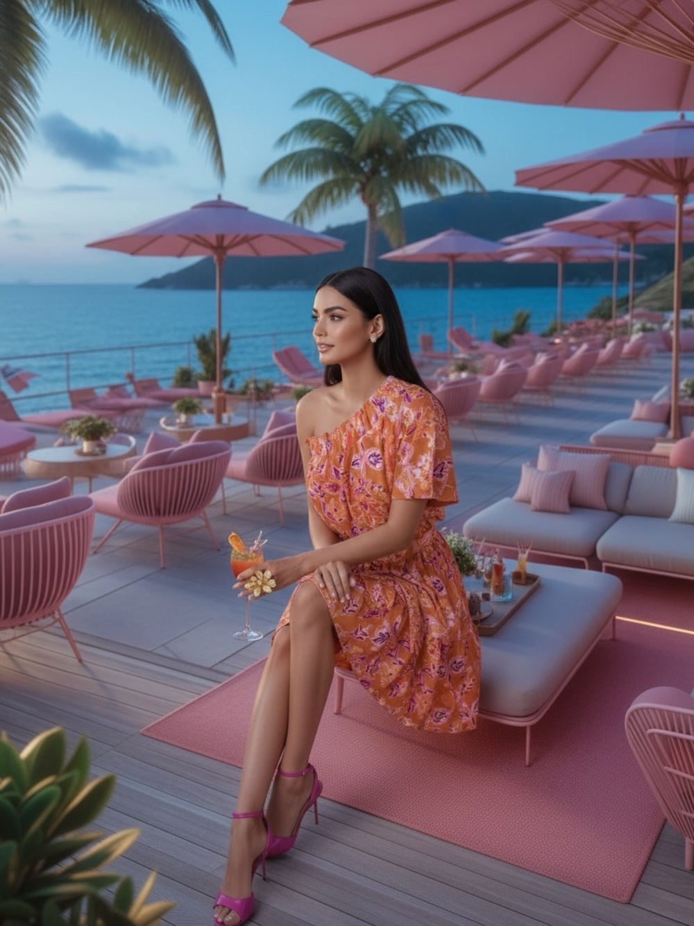 One-Shoulder Orange Floral Mini Dress - Picture 11 of 12